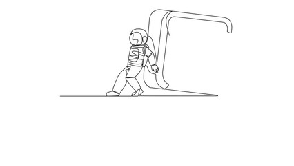 Poster - Animated self drawing of continuous one line drawing astronaut pushed giant safe deposit box down with his back from the edge of the cliff. Cosmonaut deep space. Full length single line animation