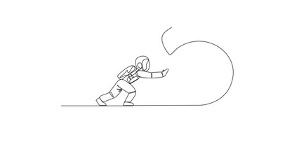 Poster - Animation of single continuous line drawing astronaut pushes a giant kettlebell over the edge of a cliff. Exercise builds muscle in space. The concept of a tough man in outer space. Animation of