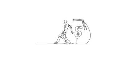 Poster - animation of single continuous line drawing robot pushes the large money bag down with its back from