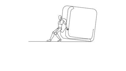 Poster - animated self drawing of single one line drawing the robot pushes a large safe deposit box down on i
