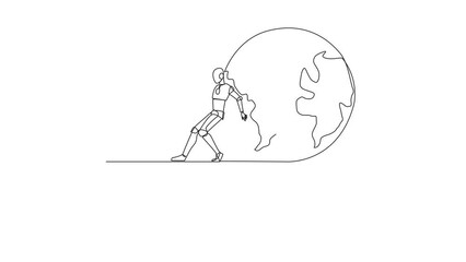 Poster - Self drawing animation of single continuous line drawing robot pushes a large globe down on its back from the edge of cliff. Robots conquer world. Future technology development. Full length animated