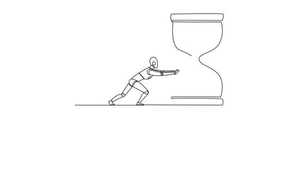 Poster - Animation of single one line drawing robot pushes down a giant hourglass from the edge of the cliff. Eliminate obstacles in the form of deadlines. Future technology concept. Full length motion
