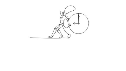 Poster - Animation of single continuous line drawing robot pushes giant alarm clock down the edge of the cliff. Robotic artificial intelligence. Future technology development concept. Full length motion