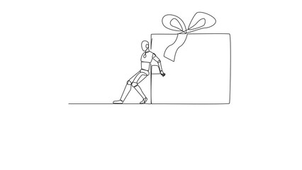 Poster - Animation of single continuous line drawing robot pushes the large gift box down with its back from the edge of cliff. Throwing gifts for children under the cliff. Future AI. Full length motion