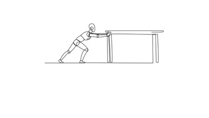 Poster - Animation of continuous one line drawing robot pushes down a table containing a laptop and monitor from the edge of cliff. Robotic artificial intelligence. Future tech. Full length motion