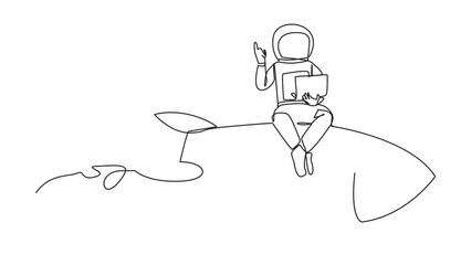 Poster - animation of single continuous line drawing young energetic astronaut sitting on flying rocket holdi