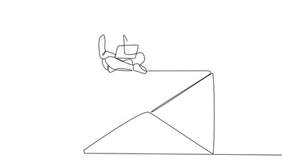 Poster - Animation of single continuous line drawing young astronaut sitting on giant email typing laptop. Send invitations to meet online with the team on earth discussing expedition. Full length motion