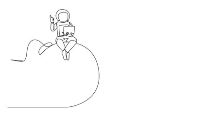 Poster - Animated self drawing of single continuous line drawing young astronaut sitting on large bomb with a burning fuse holding laptop raise one hand. Reckless expeditions. Full length single line animation