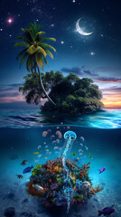 Canvas Print - Tropical Island with coconut trees and jellyfishes and corals under clear water of the sea in night with crescent moon and stars in the sky, half under water view, summer holiday theme.