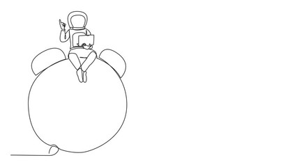 Poster - Animated self drawing of continuous one line drawing astronaut sitting on giant alarm clock holding laptop raise one hand. Deadline work in spaceship launch planning. Full length single line animation