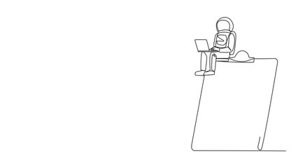 Poster - animation of a single one line drawing young energetic astronaut sitting on a giant clipboard typing