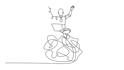 Poster - Animated self drawing of single one line drawing robotic artificial intelligence sitting on giant tangled circle holding laptop raise both hands. Anti-anxiety robot. Full length single line animation
