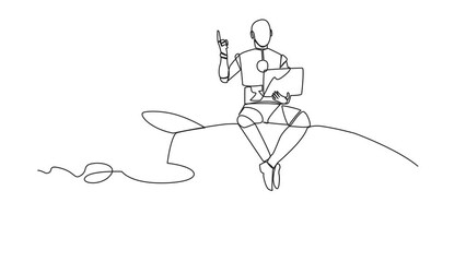 Poster - Animation of continuous one line drawing robotic artificial intelligence sitting on flying rocket holding laptop raise one hand. Modern robots with future technology. Full length motion