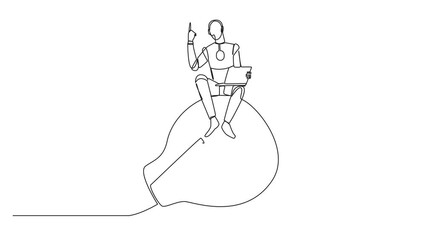 Aufkleber - Self drawing animation of single one line drawing robotic artificial intelligence sitting on giant lightbulb holding laptop raise one hand. Future technology development concept. Full length animated