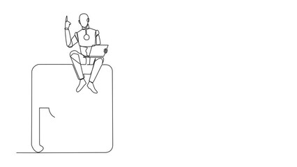 Poster - Animated self drawing of single one line drawing robotic artificial intelligence sitting on giant safe deposit box holding laptop raise one hand. Robots have a role. Full length single line animation