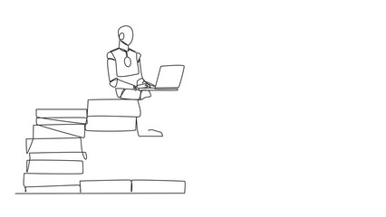 Poster - Animated self drawing of single one line drawing robotic artificial intelligence sitting on a pile of giant documents typing laptop. Robot scanning old documents. Full length single line animation