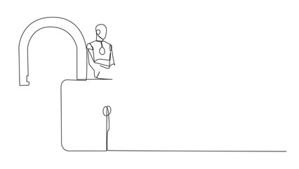 Aufkleber - Animation of single continuous line drawing robotic artificial intelligence sitting on big open padlock typing laptop. Hacker robots hack multiple accounts for abuse. Criminal. Full length motion