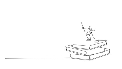 Poster - Self drawing of young astronaut standing on stack of giant books holding fluttering flag. Collect scientific journals as a guide during space expeditions. Single line draw animation