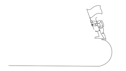 Poster - animation of single continuous line drawing astronaut standing on large bomb with a burning fuse hol