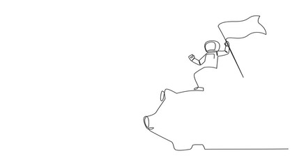Poster - Self drawing animation of single one line drawing young energetic astronaut standing on giant piggy bank holding fluttering flag. Saves in a piggy bank for the next space journey. Full length animated