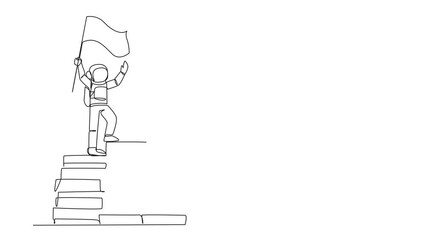 Poster - animated self drawing of single continuous line drawing young astronaut standing on giant pile of pa