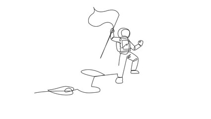 Poster - Self drawing animation of single one line drawing young energetic astronaut standing on flying rocket through the sky holding fluttering flag. Space travel to the moon. Cosmonaut. Full length animated