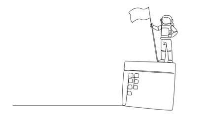 Poster - Animation of a single one line drawing young energetic astronaut standing on a big desk calendar holding the fluttering flag. Planning his next expedition into space. Cosmonaut. Full length motion
