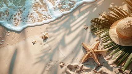 Wall Mural - Starfish and seashells on sandy beach with straw hat near shoreline