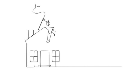 Poster - animated self drawing of continuous one line drawing astronaut standing on miniature house holding f