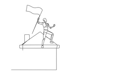 Poster - Animated self drawing of continuous line drawing of robotic artificial intelligence standing on miniature house holding fluttering flag. Future technology robot. Full length single line animation