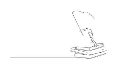 Aufkleber - Animated self drawing of continuous one line drawing robots standing on stacks of giant books holding flag. Artificial intelligence can make robot to read the book. Full length single line animation