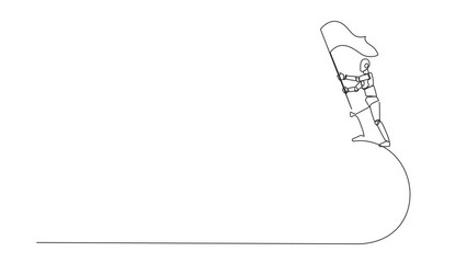 Poster - Self drawing animation of continuous one line drawing of robotic artificial intelligence standing on large bomb with a burning fuse holding flag. Concept business near deadline. Full length animated