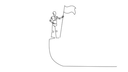 Poster - Animated self drawing of continuous one line drawing of robotics standing on giant shield holding fluttering flag. Celebration of network security robot intelligence. Full length single line animation