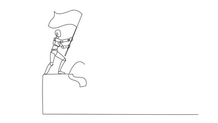 Poster - Animation of a single continuous line drawing of robotic artificial intelligence standing on a giant gift box holding the fluttering flag. Prizes for outstanding tech processing. Full length motion