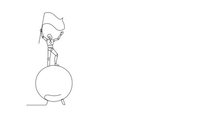 Poster - Animated self drawing of single one line drawing of robotic artificial intelligence standing on giant arrow target board holding fluttering flag. Train the robot. Full length single line animation