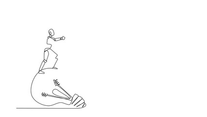Poster - Animation of continuous one line drawing of robotic artificial intelligence standing on a giant lightbulb holding a fluttering flag. Future technology development concept. Full length motion
