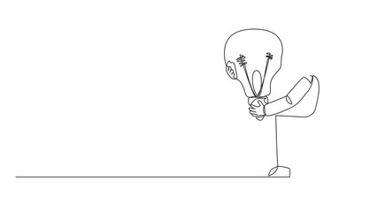 Poster - animated self drawing of continuous one line drawing of young energetic astronaut lifts lightbulb. g