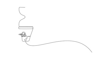 Poster - animation of continuous one line drawing of young energetic astronaut using monocular, flying with a