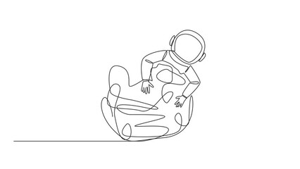 Poster - Self drawing animation of continuous one line drawing astronaut hugging tangled circle. Trying to get rid of excess anxiety. Calm the mind for the smoothness of the expedition. Full length animated
