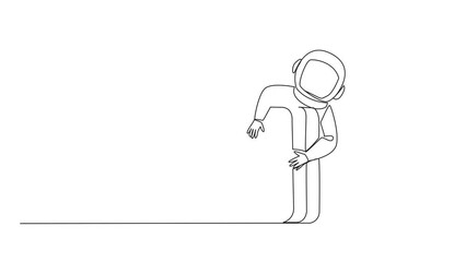 Poster - Self drawing animation of single one line drawing astronaut hugging briefcase. Preparations on earth to conduct research in outer space. Cosmic galaxy space. Cosmonaut deep space. Full length animated