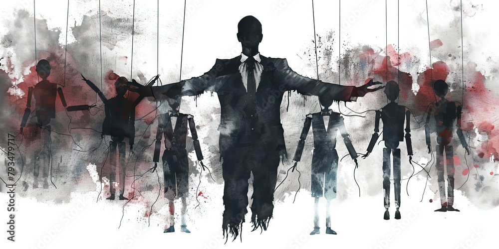 Manipulation: The Puppet Master and Enslaved Puppets - Visualize a puppet master controlling enslaved puppets, illustrating the manipulative control exerted by leaders of evil cults