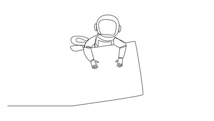 Poster - Self drawing animation of single continuous line drawing astronaut hugging gift box. Gift box with ribbon has been prepared by the expedition crew. Ready to give to team on earth. Full length animated