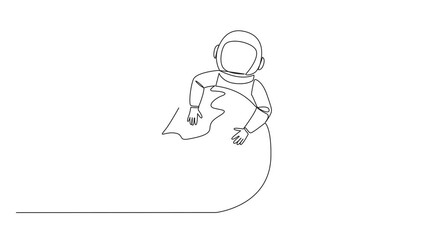 Poster - self drawing animation of single one line drawing young energetic astronaut hugging large bomb with 