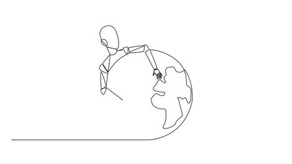 Poster - Self drawing animation of continuous one line drawing robot hugging globe. Robots rule the world. Everything is technology. Artificial intelligence. Future technology development. Full length animated