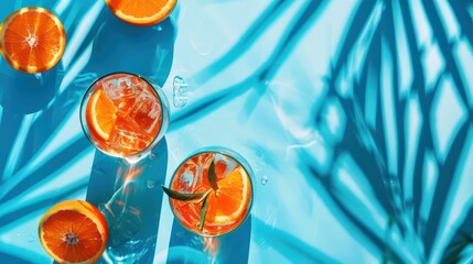 summer background with glass of orange drink and tropical leaves