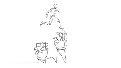 Poster - Self drawing animation continuous one line drawing robotic running leaping over three large clenched fists. Teamwork managed to get through bigger challenges. Future technology. Full length animated