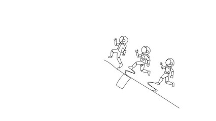 Poster - animated self drawing of continuous one line drawing 3 astronauts running on giant astronaut hand wh