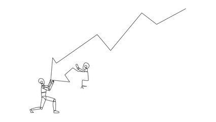Poster - Animation of continuous one line drawing two robots holding large arrow charts swooping down. One of the robots holding the end. Team work so the arrow can go back up. Full length motion