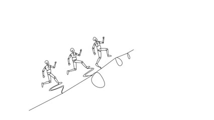 Poster - Self drawing animation single one line drawing 3 robots running on giant robot hand whose finger is pointing at round target board. Focused teamwork towards up arrow. Future tech. Full length animated