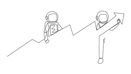 Poster - Animation of single one line drawing two astronauts holding a medium-sized arrow graphic whose ends have increased. Spaceman teamwork. Cosmic galaxy deep space. Cosmic. Full length motion